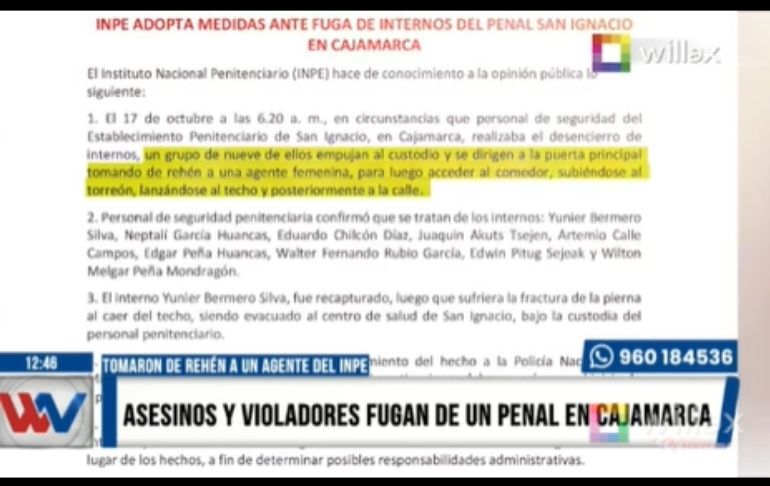 Asesinos y violadores fugan de un penal en Cajamarca