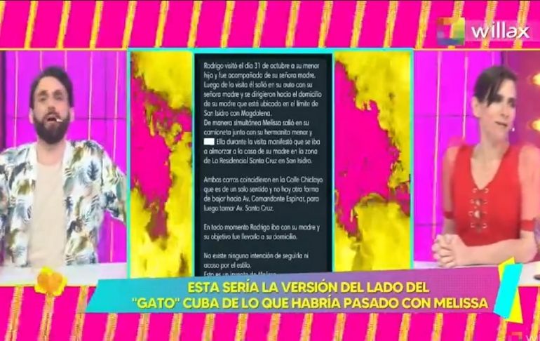 "No existe ninguna intención de acoso del Gato Cuba a Melissa Paredes", indicó fuente a Amor y Fuego