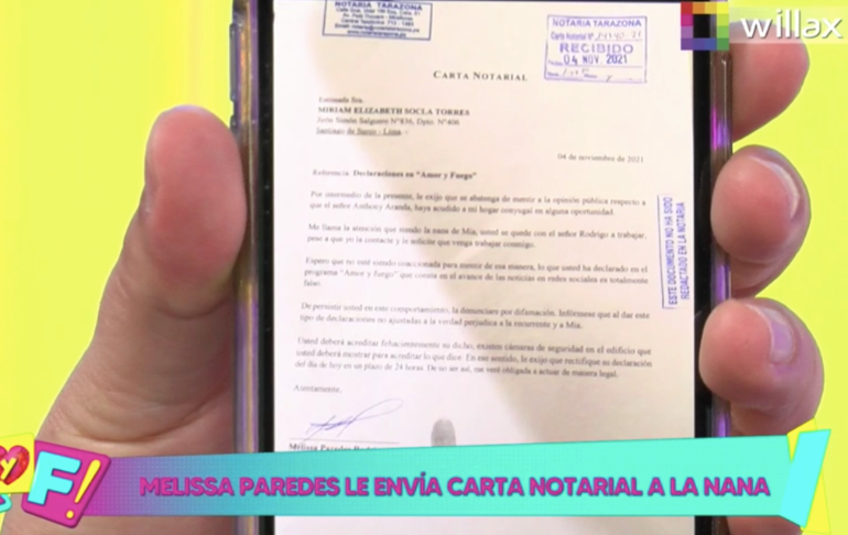 Portada: Melissa Paredes le envía carta notarial a la nana de su hija y la amenaza con denunciarla por difamación