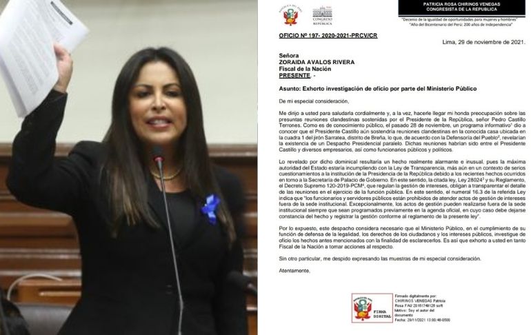 Portada: Patricia Chirinos pide a Zoraida Ávalos investigar las reuniones clandestinas de Pedro Castillo en su casa de Breña