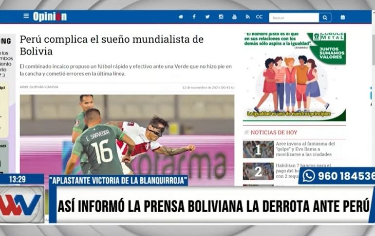 Portada: Eliminatorias Qatar 2022: Así informó la prensa boliviana la derrota ante Perú [VIDEO]