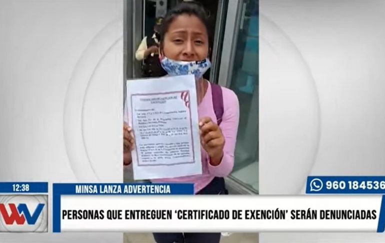 Minsa: Personas que entreguen ‘certificado de exención’ serán denunciadas