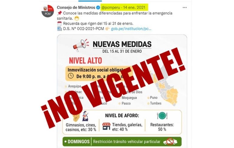 PCM advierte que imagen sobre nuevas medidas ante la COVID-19 es falsa