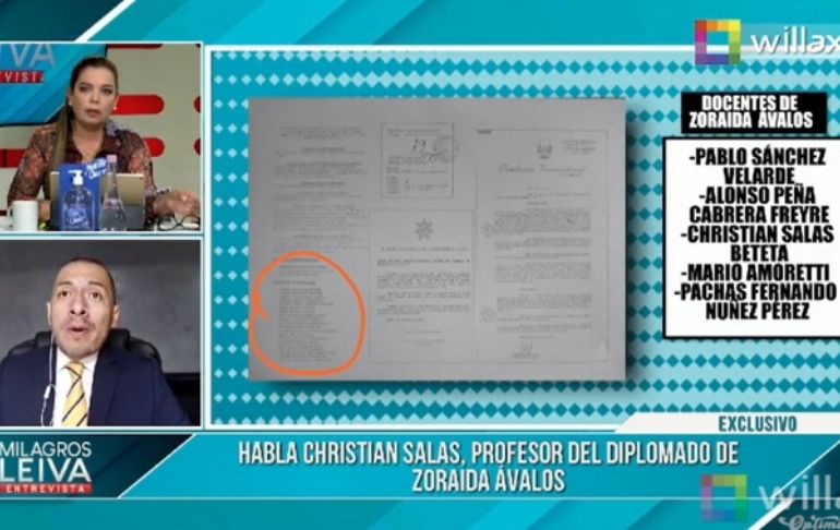 Portada: Christian Salas, quien fue profesor del diplomado de Zoraida Ávalos, afirmó que jamás la vio en las clases que dictó