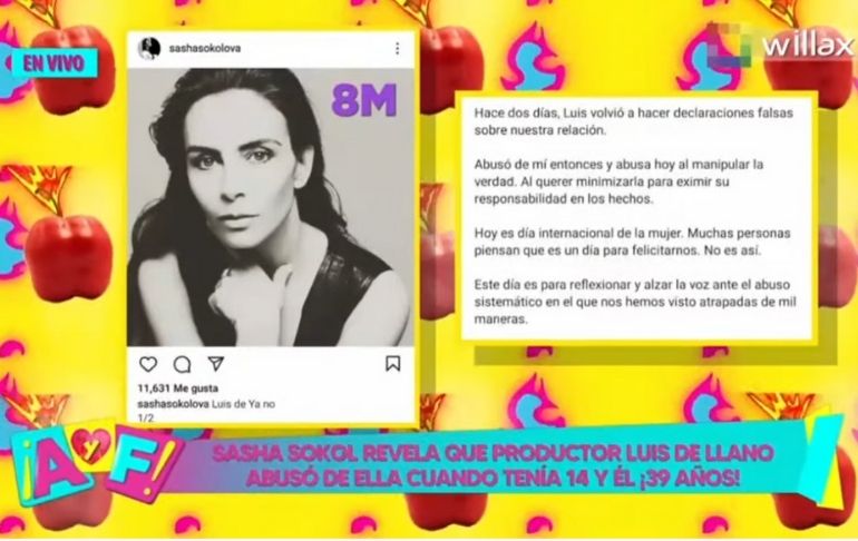 Sasha Sokol confesó que el productor musical Luis de Llano abusó de ella