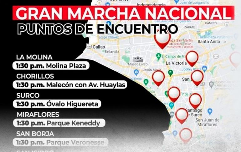 Convocan a gran marcha en contra de Pedro Castillo para este martes a las 3 p.m. en la Plaza San Martín