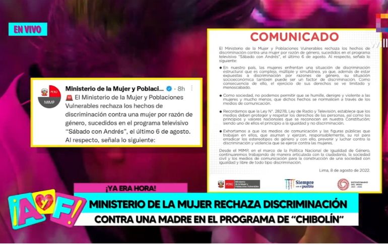 Ministerio de la Mujer rechaza discriminación de Chibolín a madre de 6 hijos