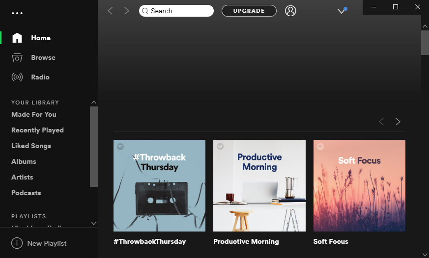 spotify main menu dark user interface