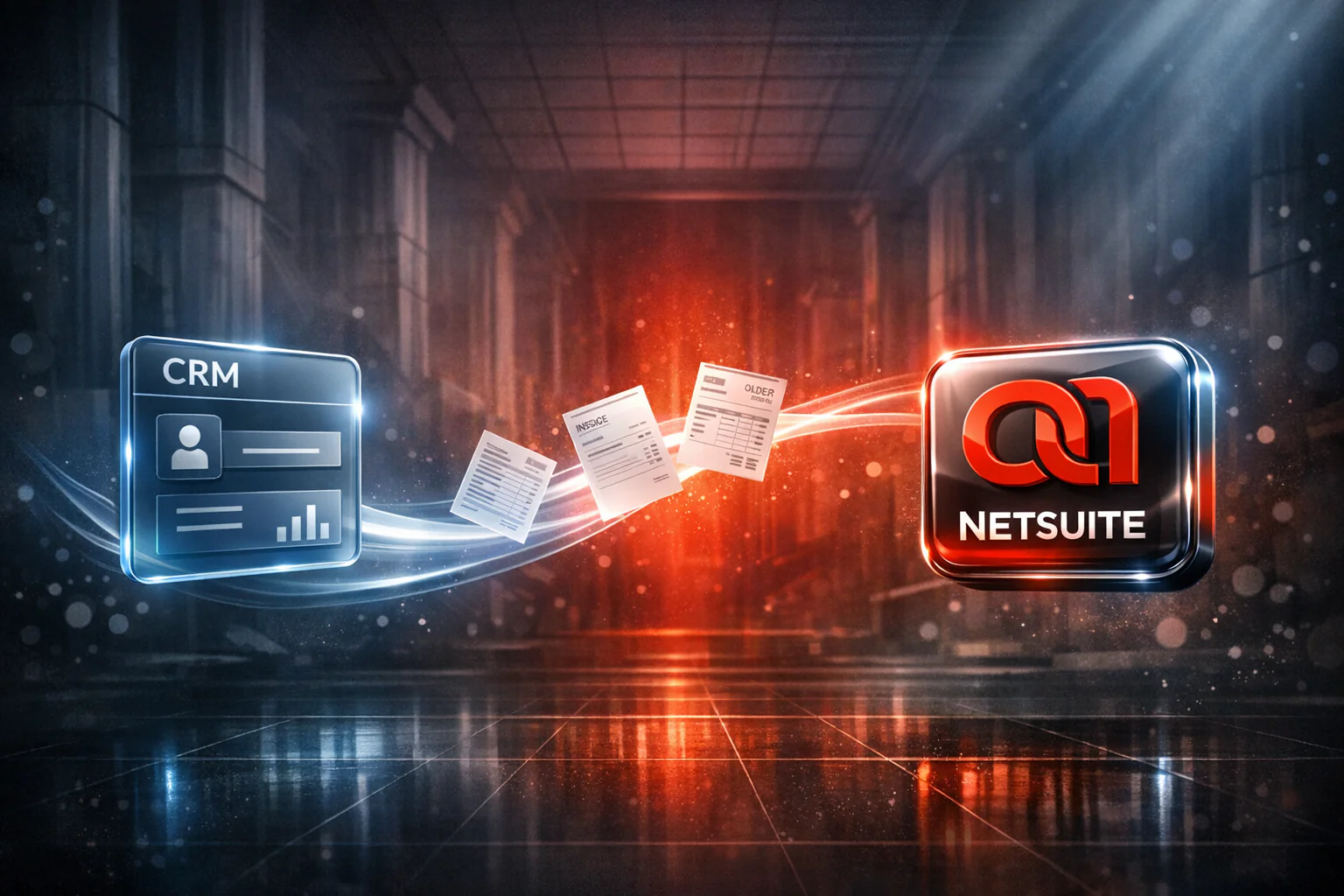 Illustration of a CRM record panel and the Oracle NetSuite logo exchanging sales orders and invoices through an automated enterprise finance integration