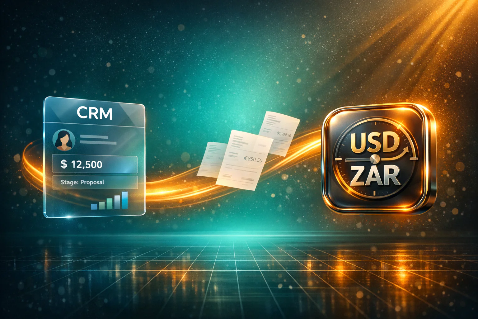 Illustration of a CRM deal panel and a USD/ZAR exchange badge linked by multi-currency invoices flowing into accounting
