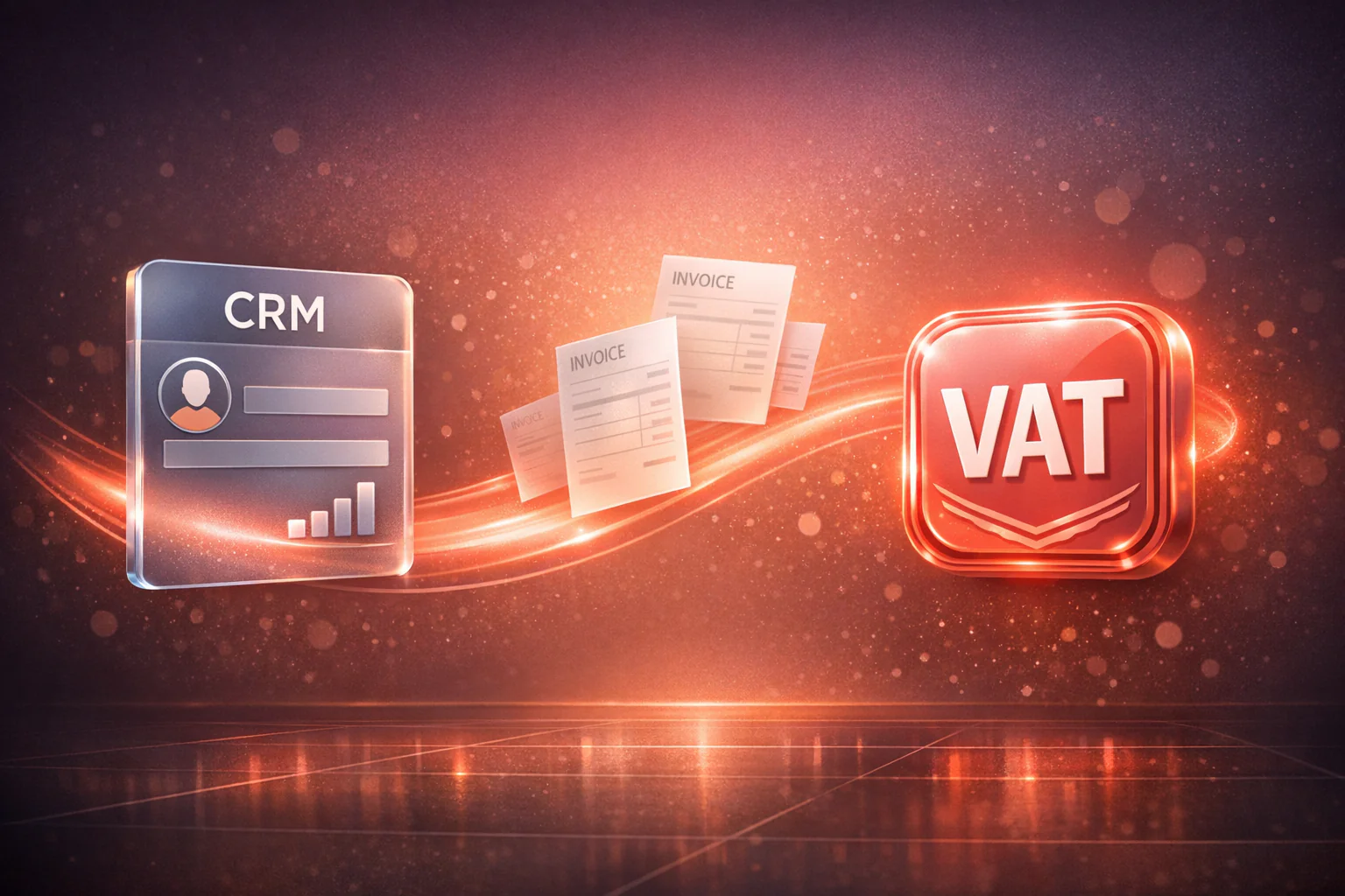 Illustration of a CRM panel and VAT badge connected by a flowing stream of tax invoices