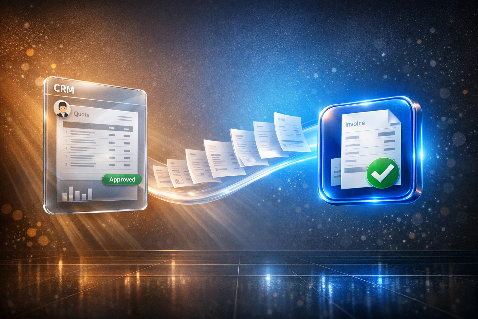 A CRM panel showing an approved quote connected to an accounting invoice badge by a flowing ribbon of documents, illustrating an automated quote-to-invoice workflow