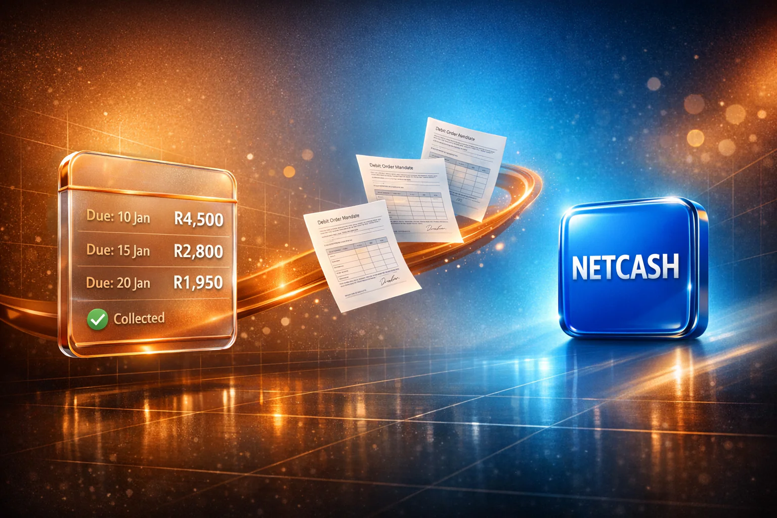 Netcash debit order integration illustration showing automated payment collection from a billing panel to the Netcash platform