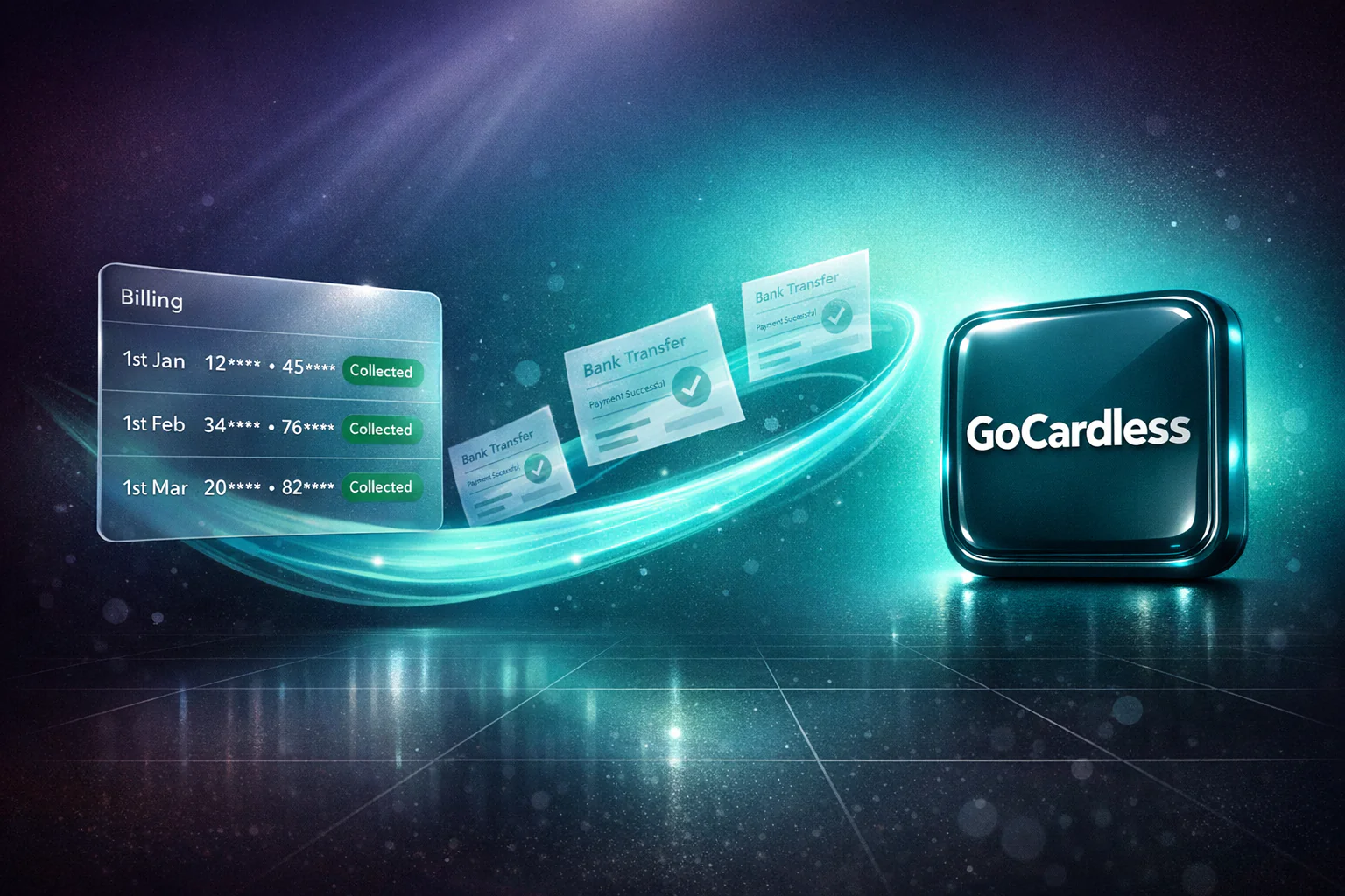 GoCardless direct debit integration illustration showing automated recurring bank payment collection with billing panel and transfer confirmations
