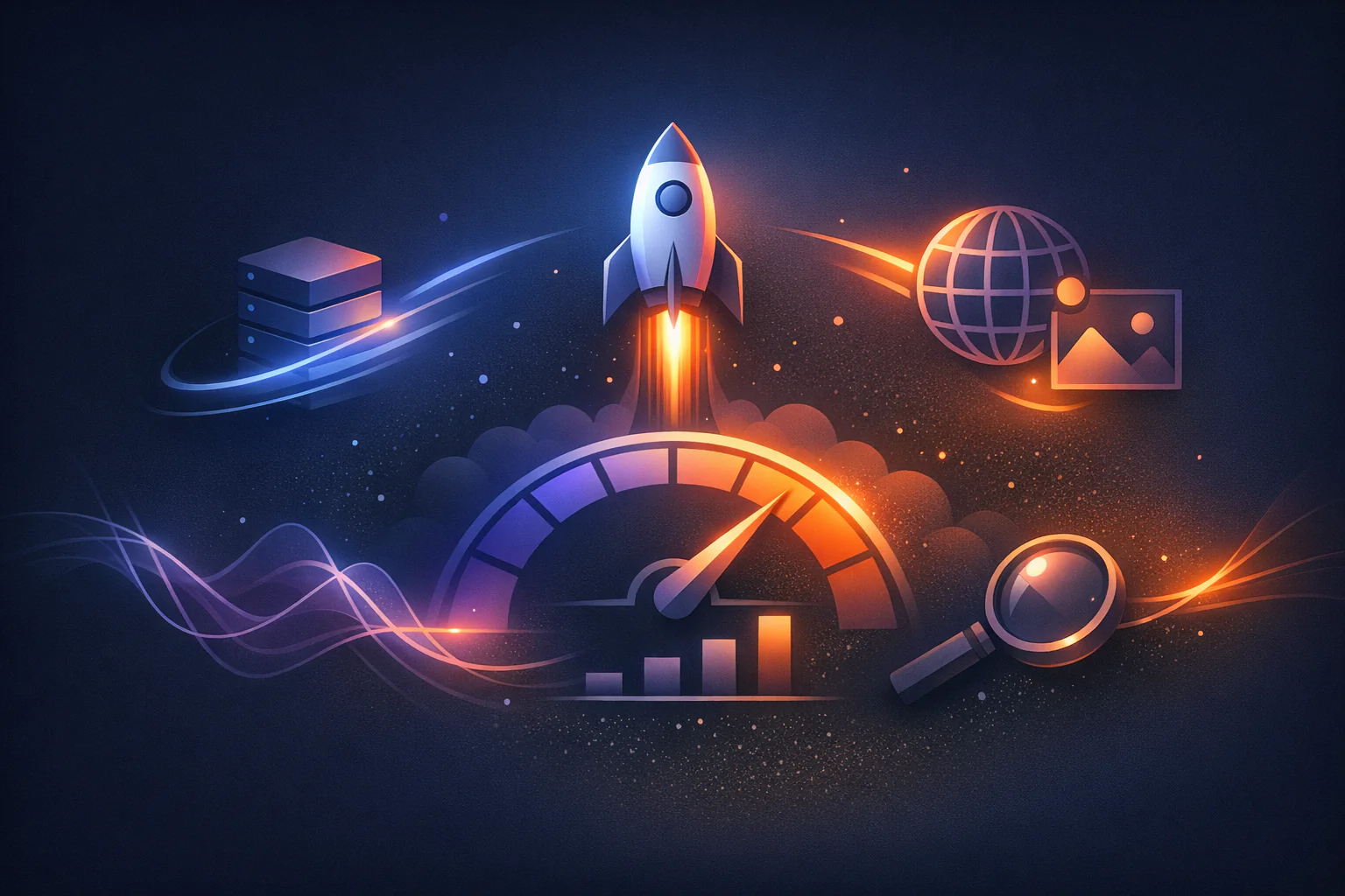 WordPress speed optimization illustration showing performance metrics, caching, and website acceleration