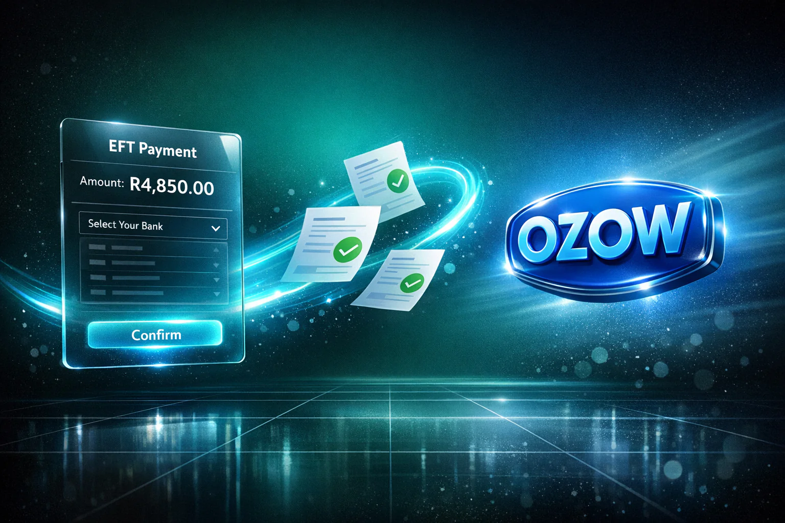 EFT payment panel showing a Rand amount and bank selector connected to the Ozow logo by flowing instant payment confirmations
