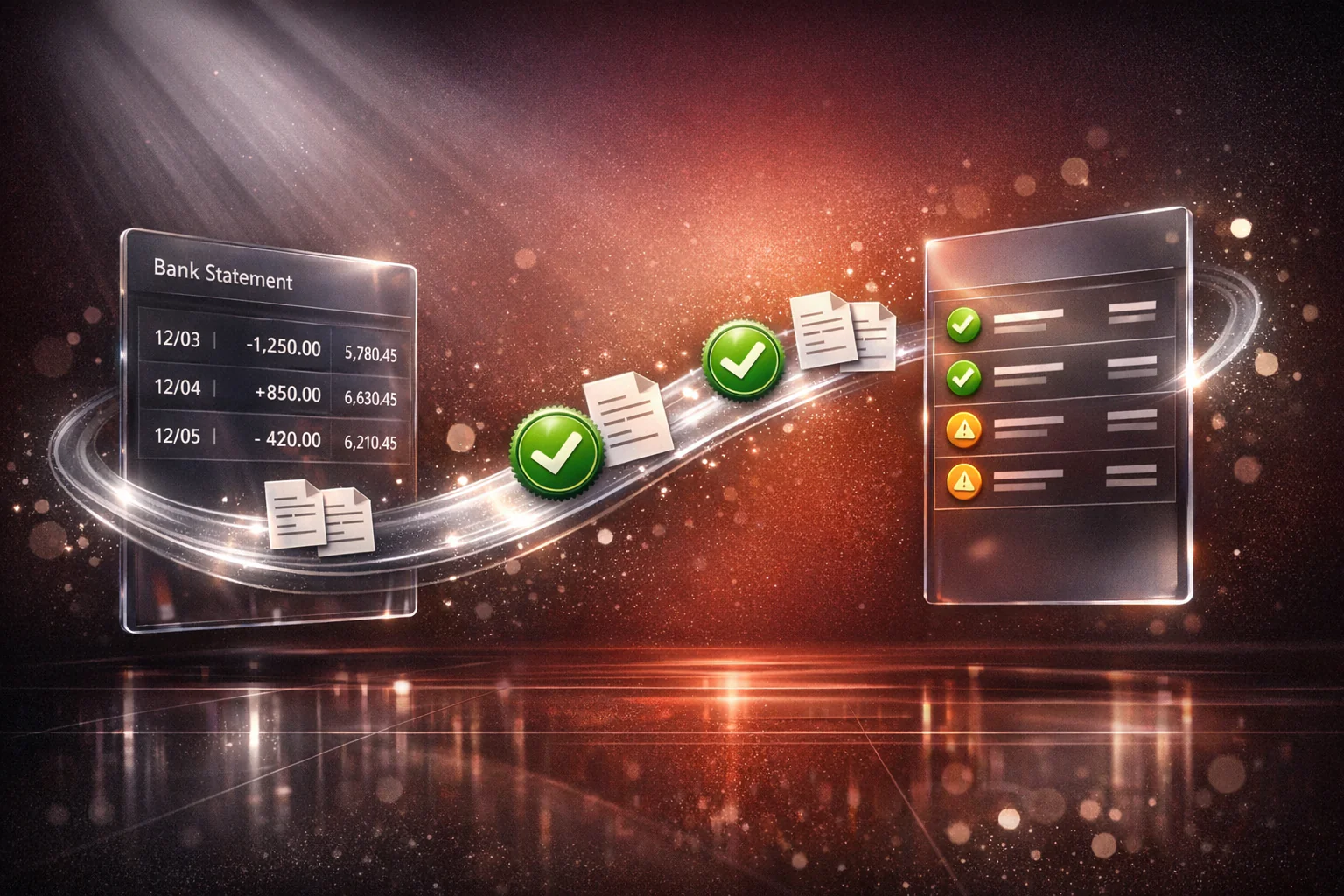 A bank statement panel and an invoice ledger connected by a flowing ribbon of matched payment confirmations, illustrating automated reconciliation