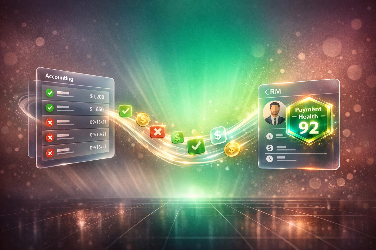 An accounting ledger panel and a CRM contact card connected by a flowing ribbon of payment status data, illustrating automated payment sync from accounting to CRM