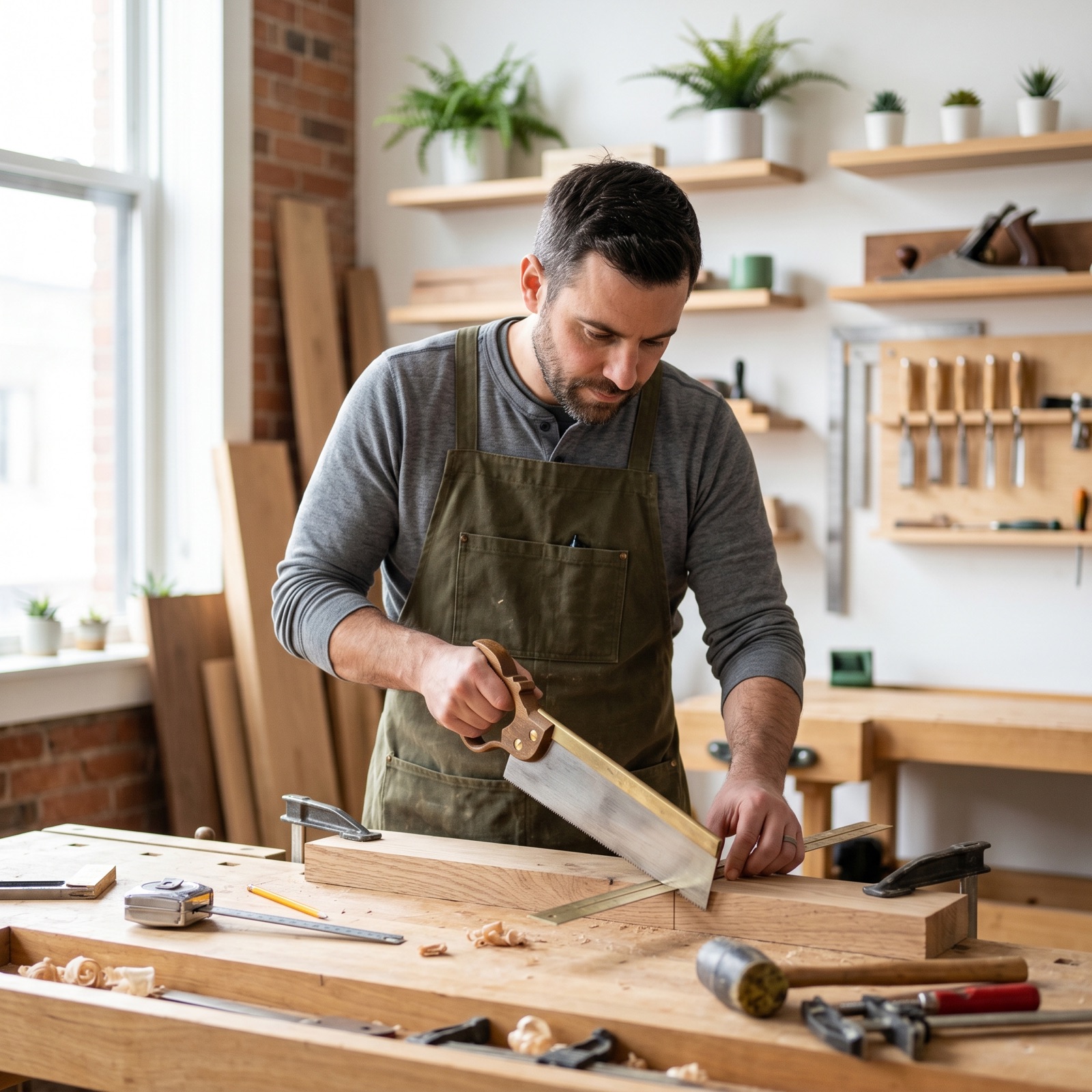 Handwerker bei der Arbeit an seiner Werkbank in der Werkstatt