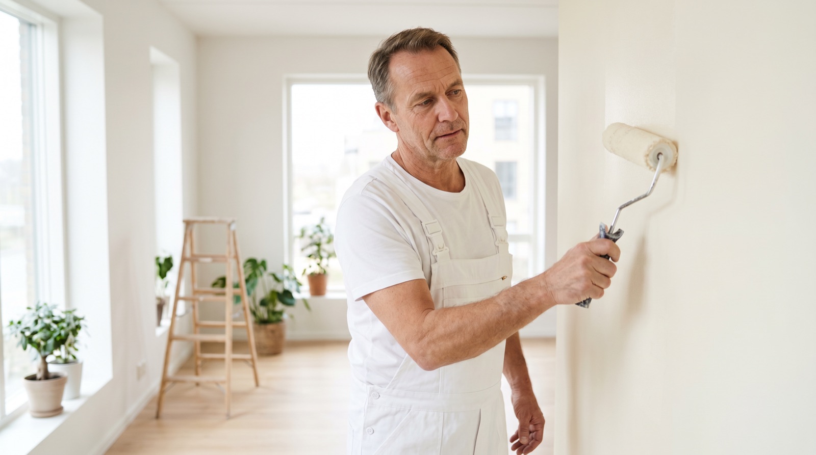 Maler in weißer Latzhose streicht eine Wand in einem hellen Raum