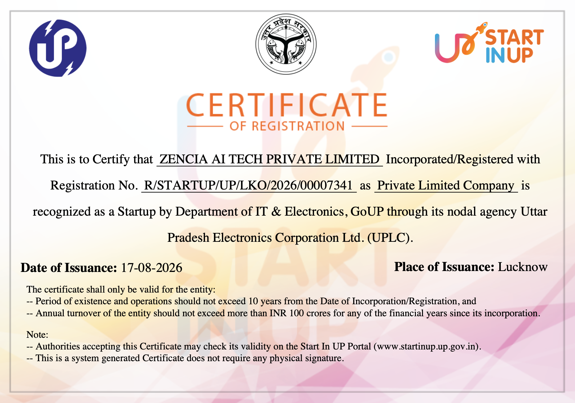 Zencia AI Recognized as a Startup by the Government of Uttar Pradesh