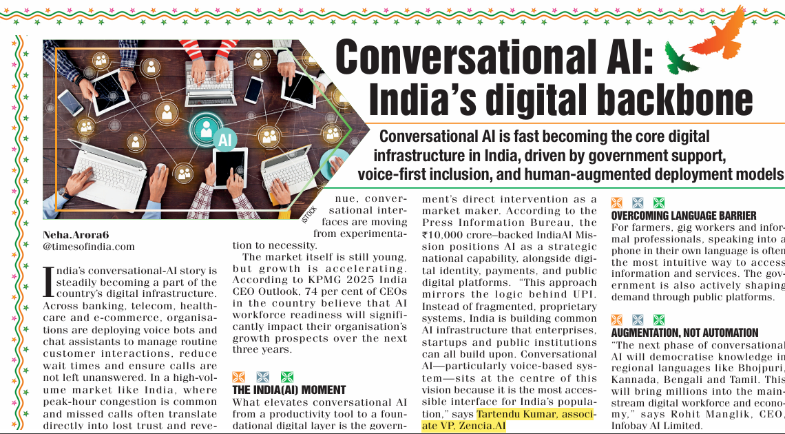 Zencia.AI Leadership Featured in The Times of India on India's Conversational AI Revolution