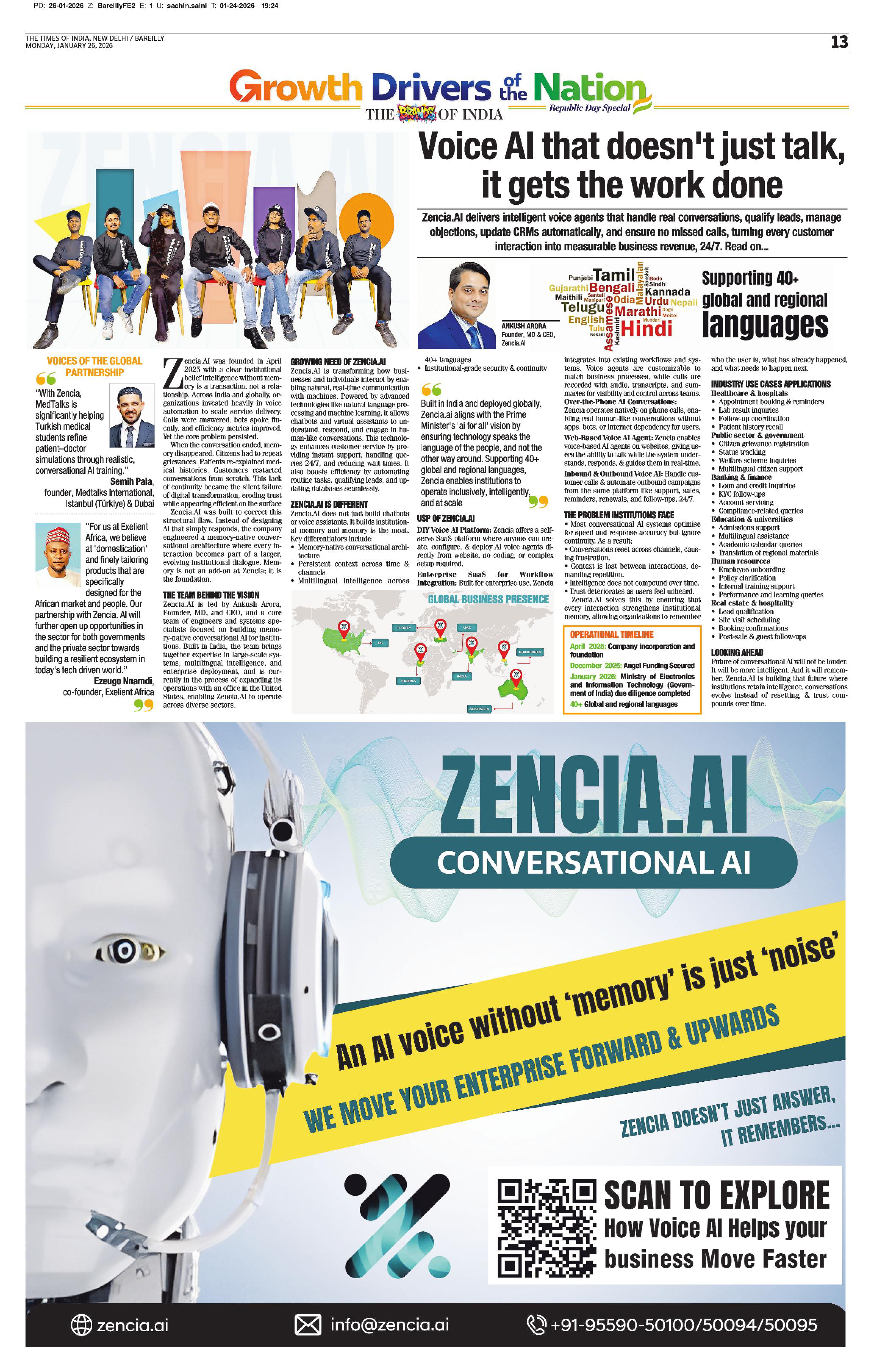 Zencia.AI Featured in The Times of India's "Growth Drivers of the Nation" Special Edition