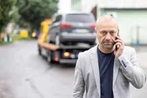 man with a broken down car on a tow truck with an extended car warranty calls his vsc administrator to start a claim