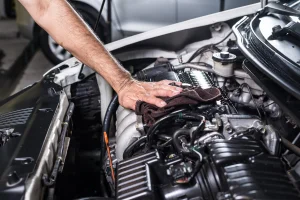 Close up of a car engine after warranty work has been completed