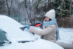 Woman bundled in winter clothing using a snow brush to clear ice from her car windshield on a snowy day.