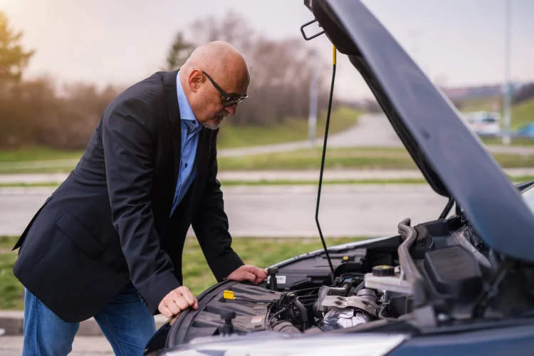 Man standing in front of a broken down car with the hood open