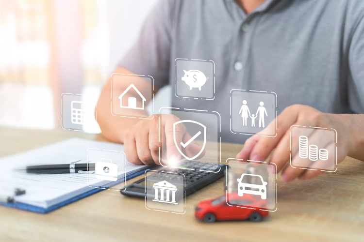 Person using a calculator with financial icons overlayed, symbolizing budgeting and protection planning
