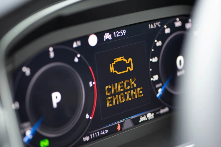 Close up of a car dashboard with a check engine light on caused by cooler fall temperatures