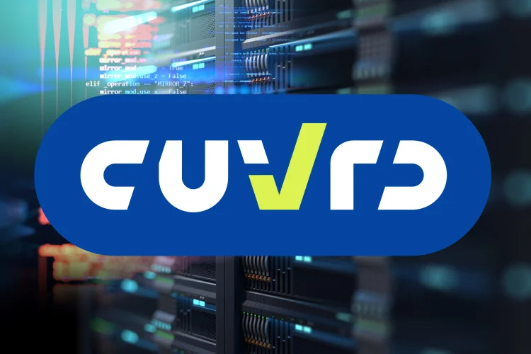 Dark computer graphic background with blue, yellow, and white Cuvrd logo superimposed on the background