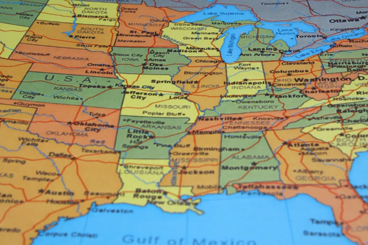 Close up of a colorful map of the United States