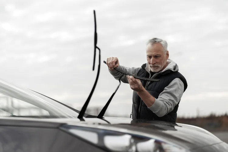 man changing out a pair of wiper blades on his car