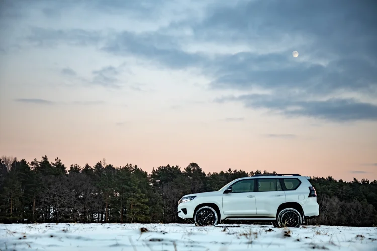 White Toyota Land Cruiser in a snowy field