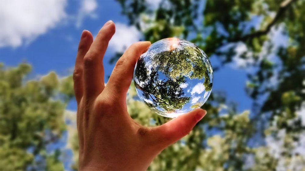 A hand holding a glass globe with trees and sky as background