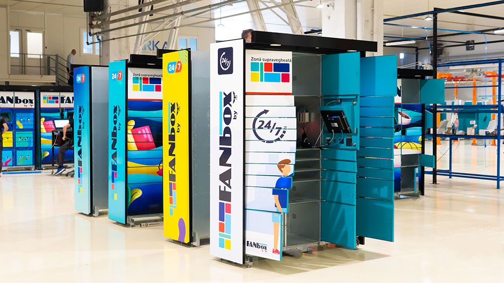 Smart parcel lockers lined up for final quality control checkout in Arka's parcel locker factory