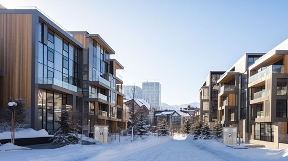 Luxury apartment complex with apartment package lockers near the entrance