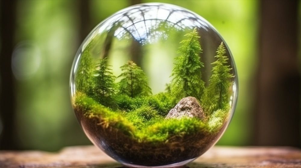 A globe reflecting green nature and trees