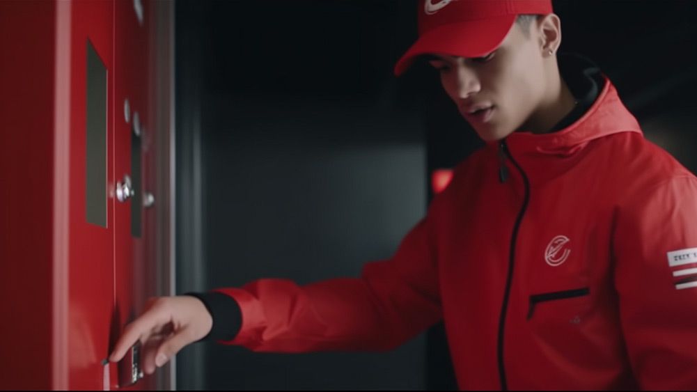 Delivery guy adding packages to a parcel locker