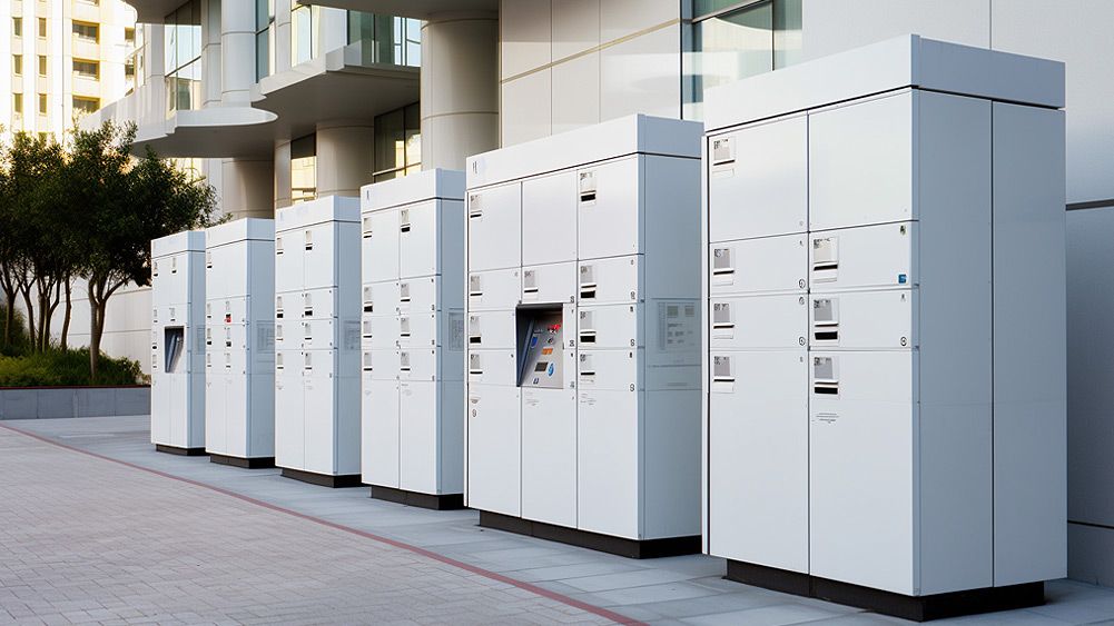 Multiple parcel lockers lined up near a building