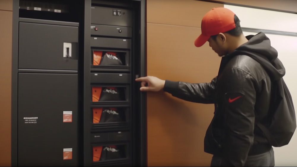 Young guy opening a parcel locker