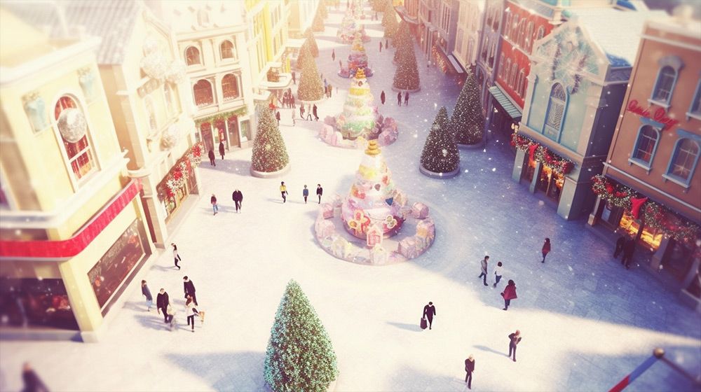 A town center decorated for Christmas, people shopping