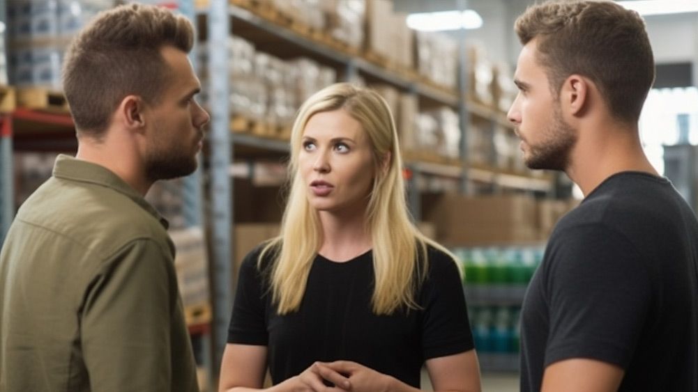 Employees talking inside a business warehouse