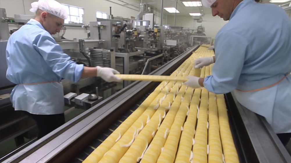 Two employees working on a food production line