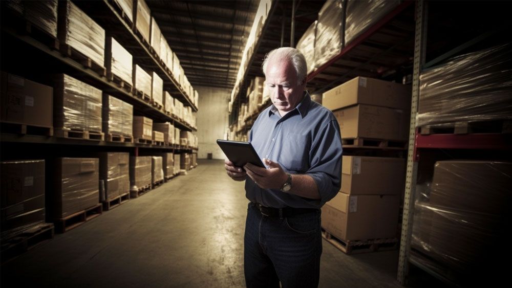 a man in a warehouse holding a tablet