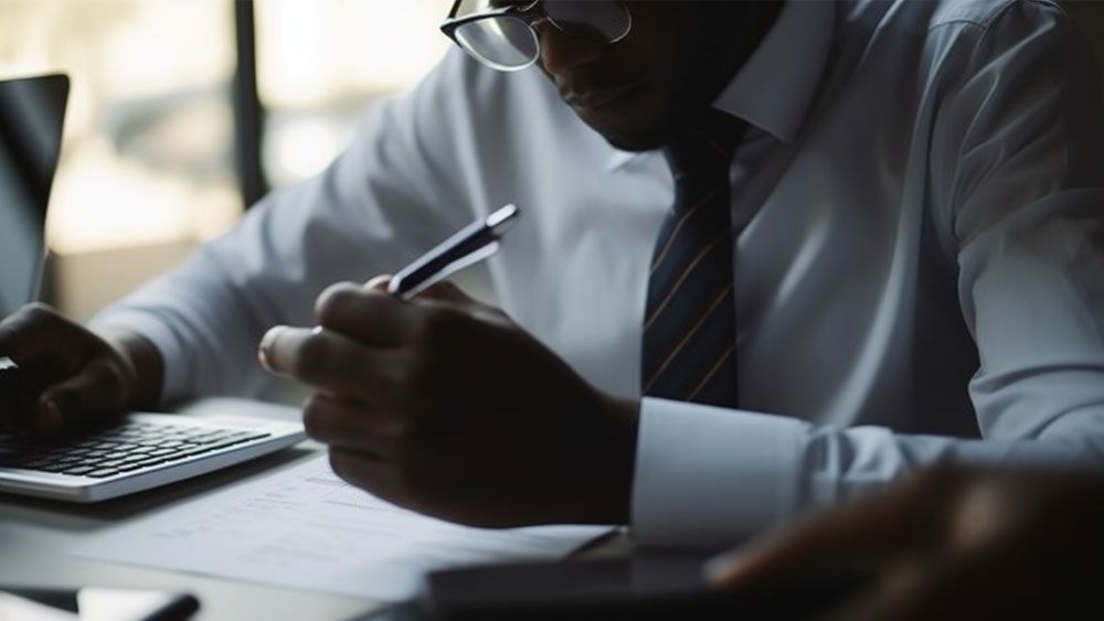 a man holding a pen and having a calculator near