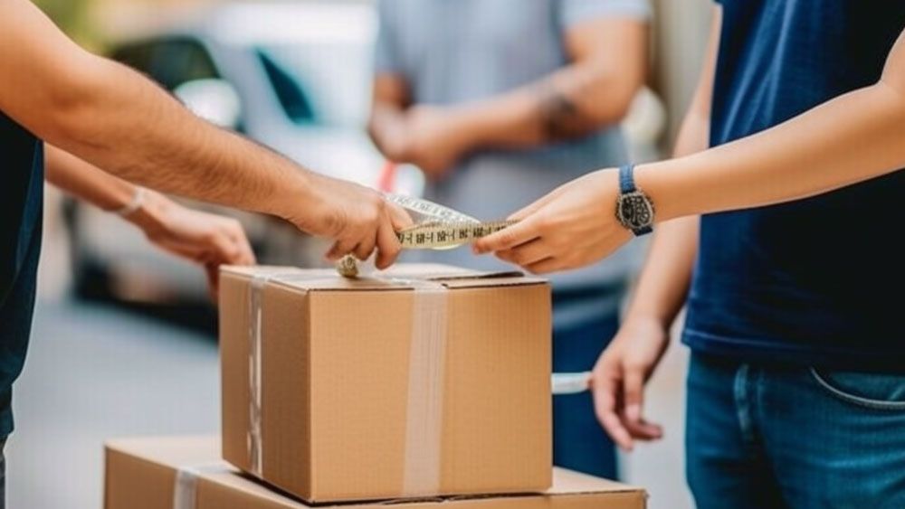 two people measuring a cardboard box